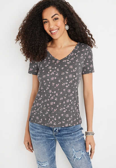 24/7 Flawless Floral Rib V Neck Tuck In Tee