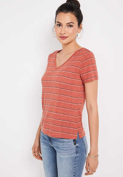 24/7 Flawless Striped V Neck Tee