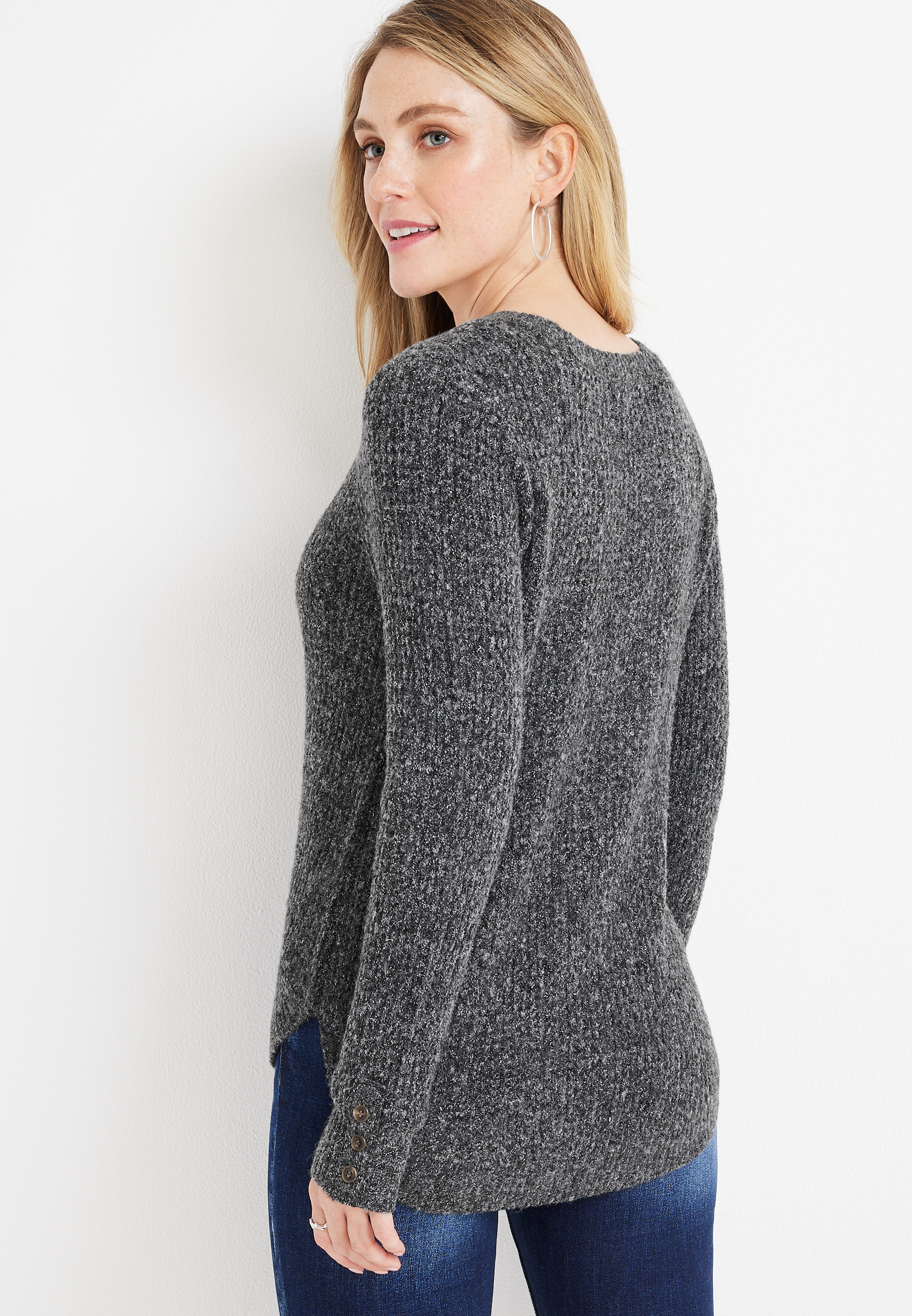 Solid Crew Neck Sweater, Dark Gray, large