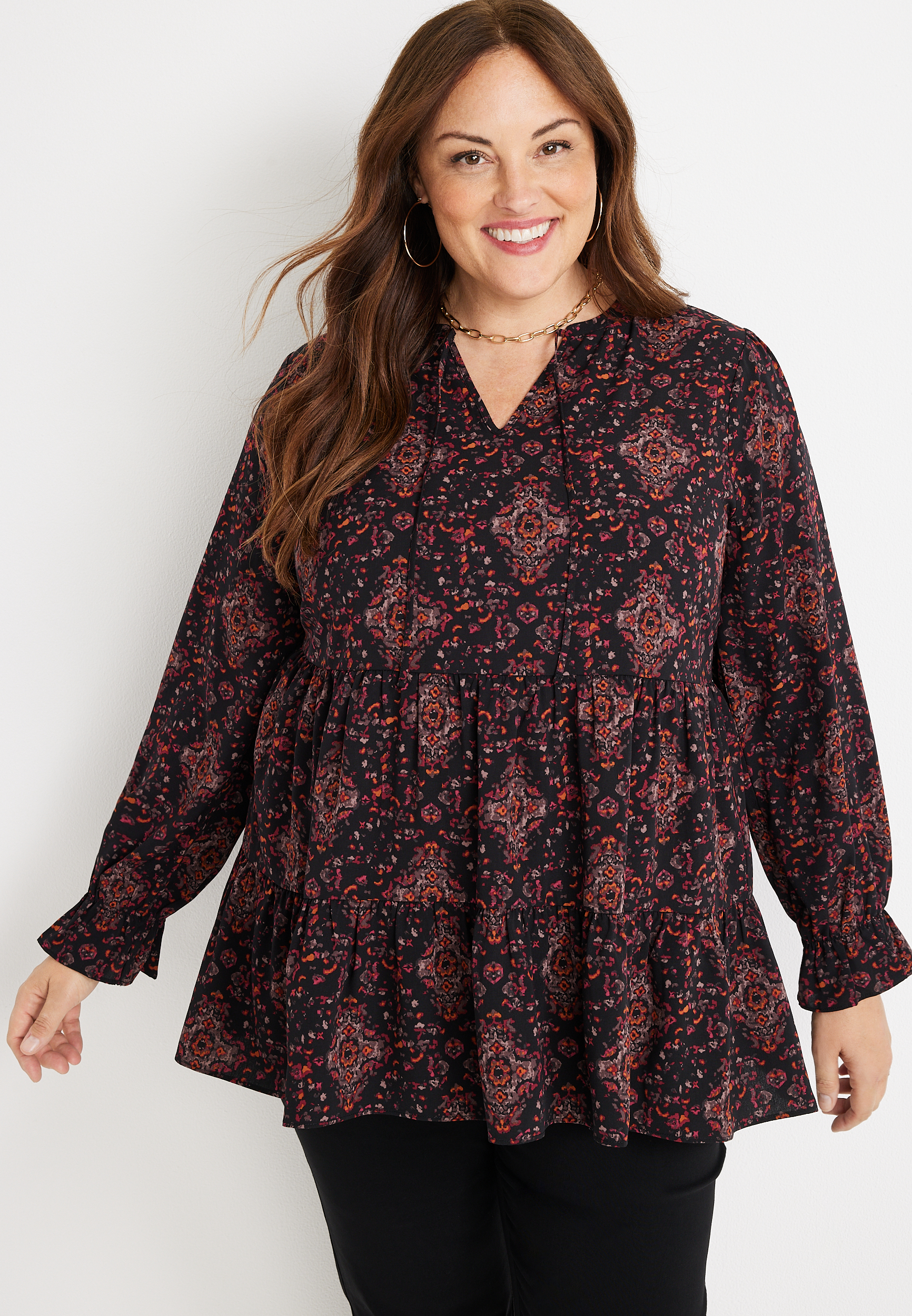 Plus Size Medallion Print Tiered Tunic Blouse | maurices