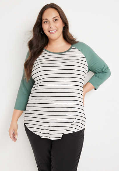 QIUUE Women Long Sleeve Stripe Blouse Comfy Plus Size O-Neck Tops Sweatshirt Pullover 