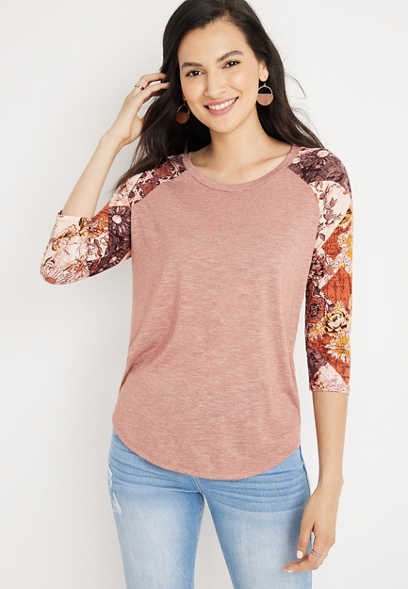 24/7 Flawless Floral Patchwork Sleeve Top