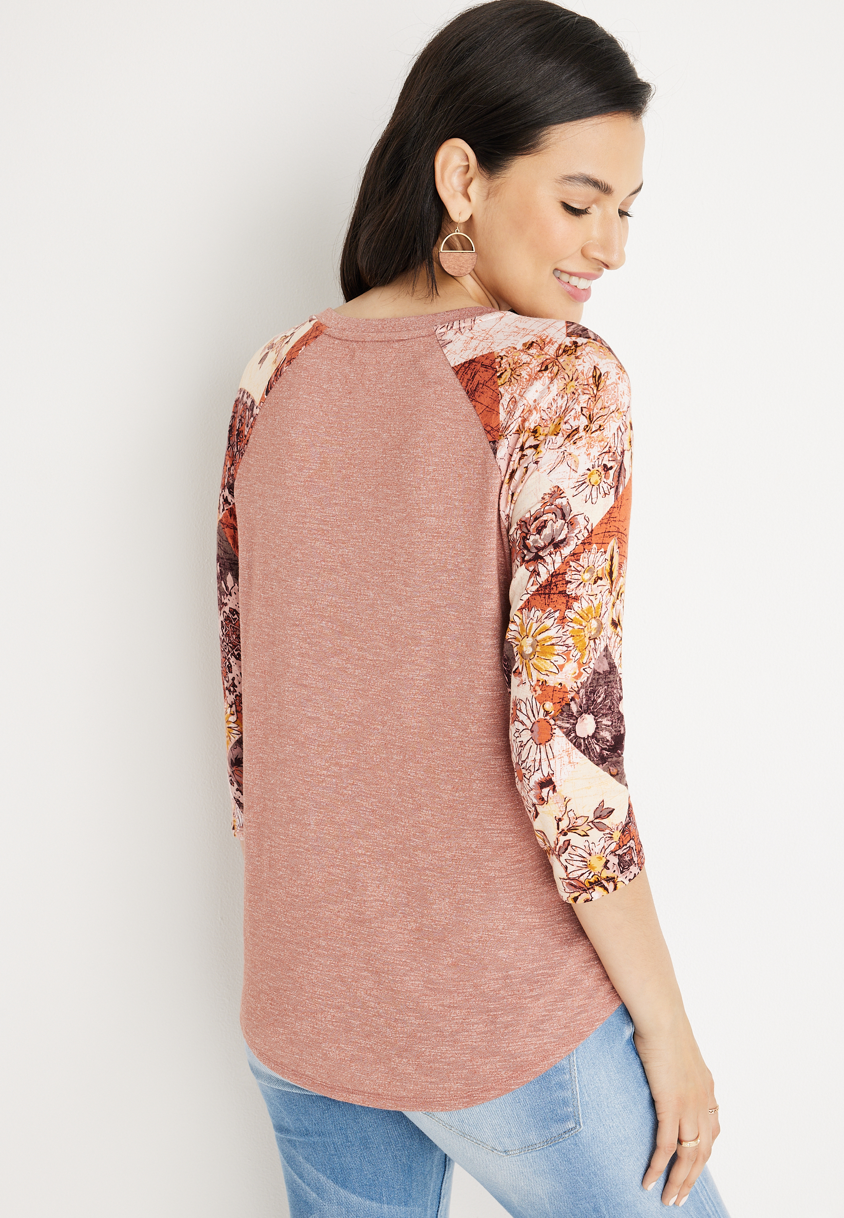 24/7 Flawless Floral Patchwork Sleeve Top, C5278, large