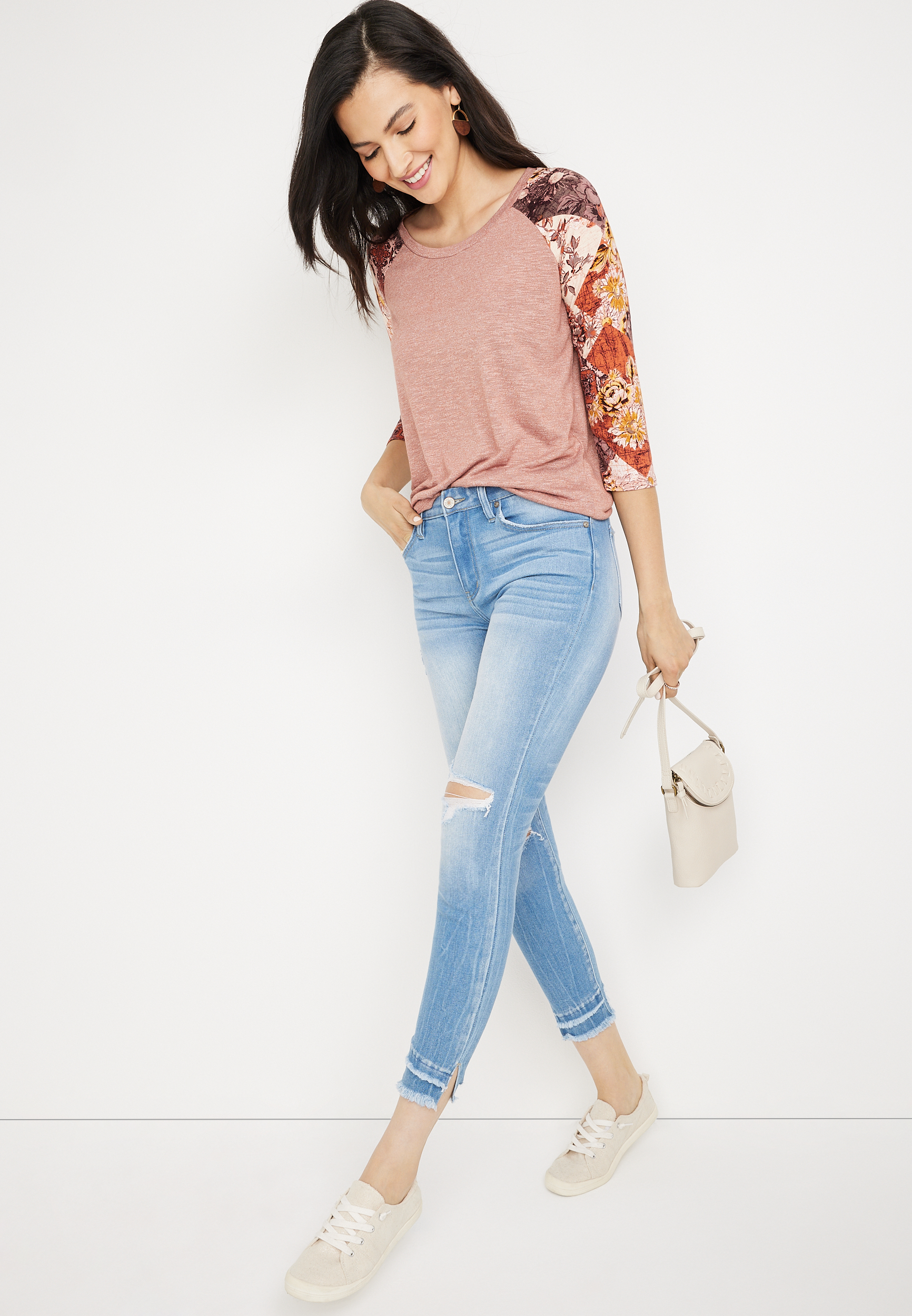 24/7 Flawless Floral Patchwork Sleeve Top, C5278, large