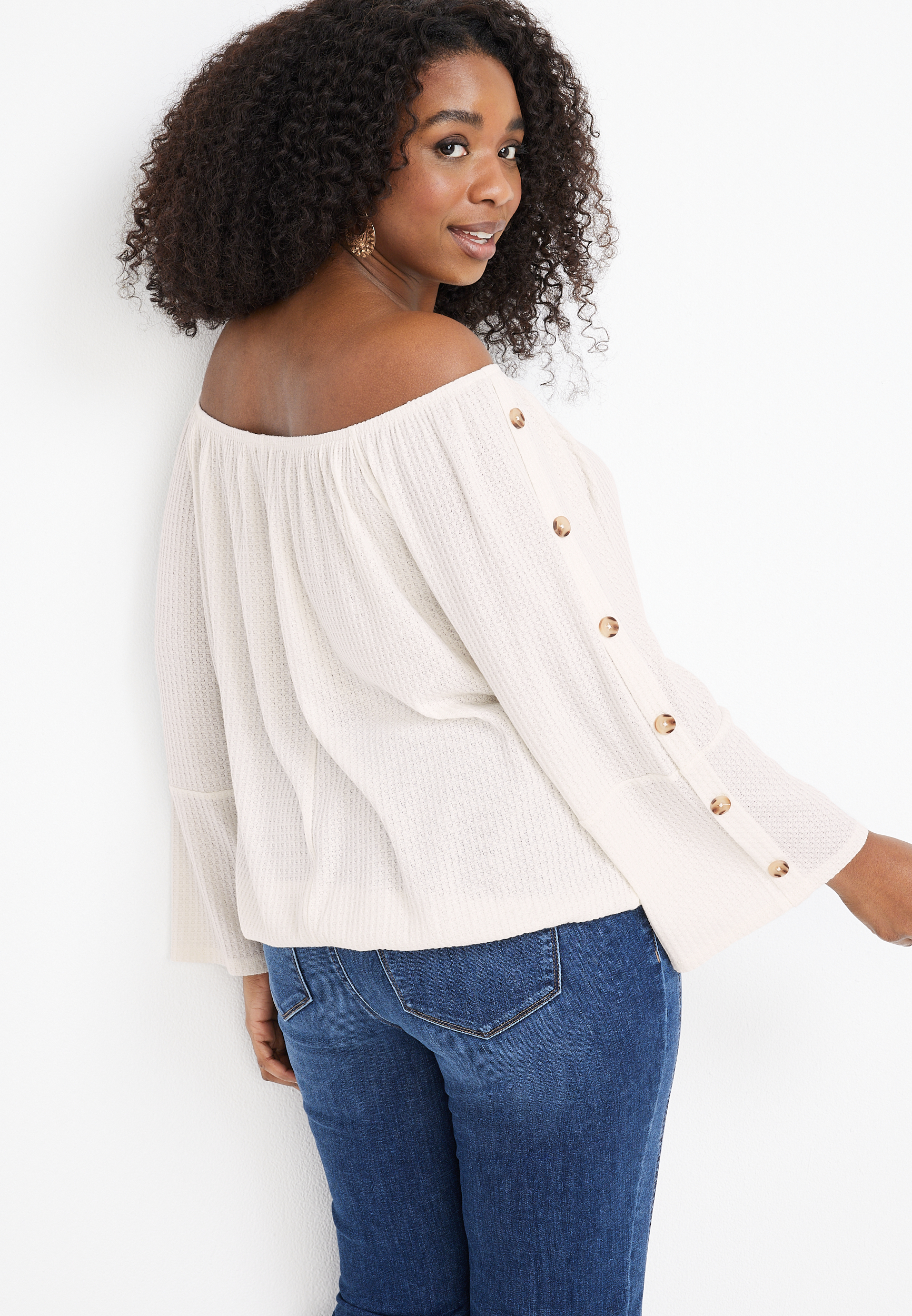Plus Size Button Sleeve Off The Shoulder Blouse, C2789, large