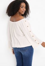 Plus Size Button Sleeve Off The Shoulder Blouse, C2789, small