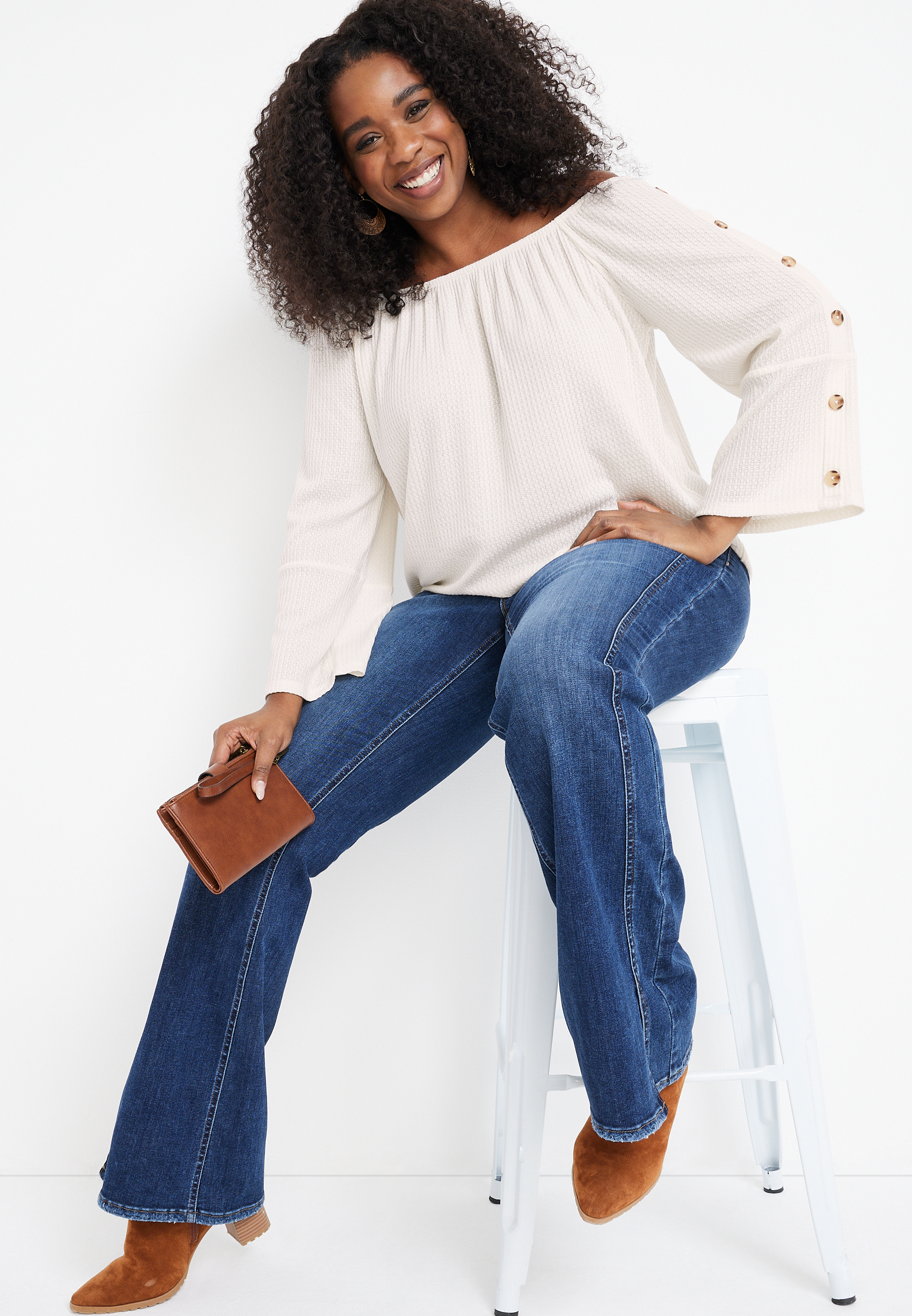 Plus Size Button Sleeve Off The Shoulder Blouse, C2789, large