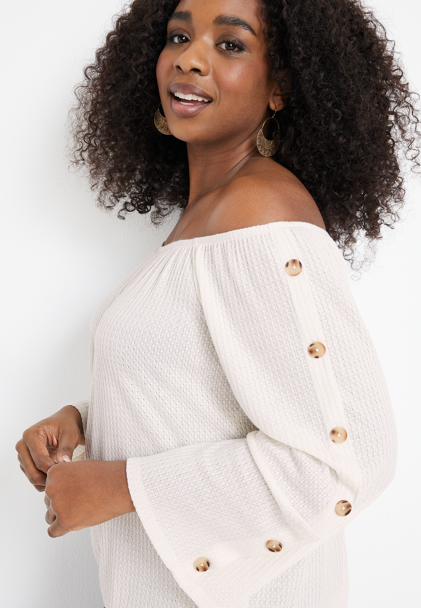 Plus Size Button Sleeve Off The Shoulder Blouse, C2789, large