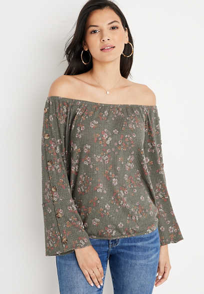 Floral Print Button Sleeve Off The Shoulder Blouse