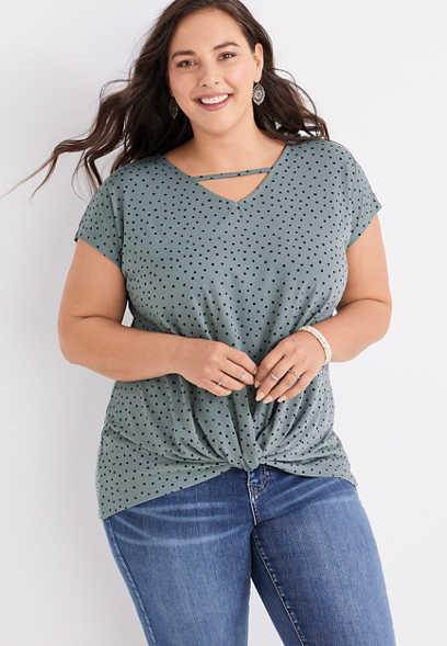 Plus Size Polka Dot Front Knot Tee