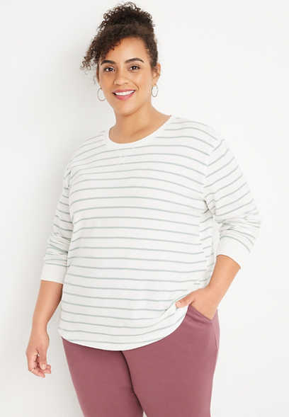 Plus Size Striped Print Textured Long Sleeve Tee