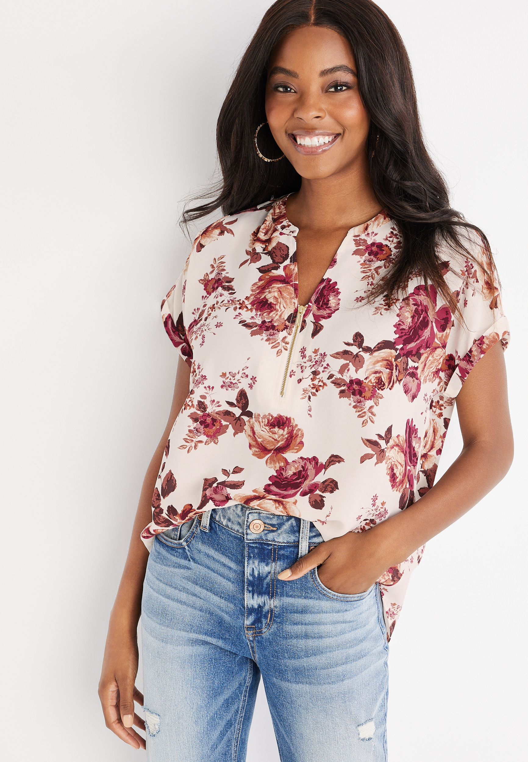 Geneva Floral Zipper Neck Blouse | maurices