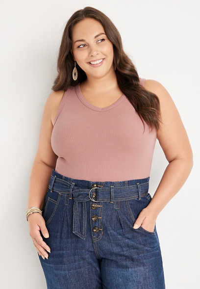 Plus Size Solid Ribbed V Neck Tank Top