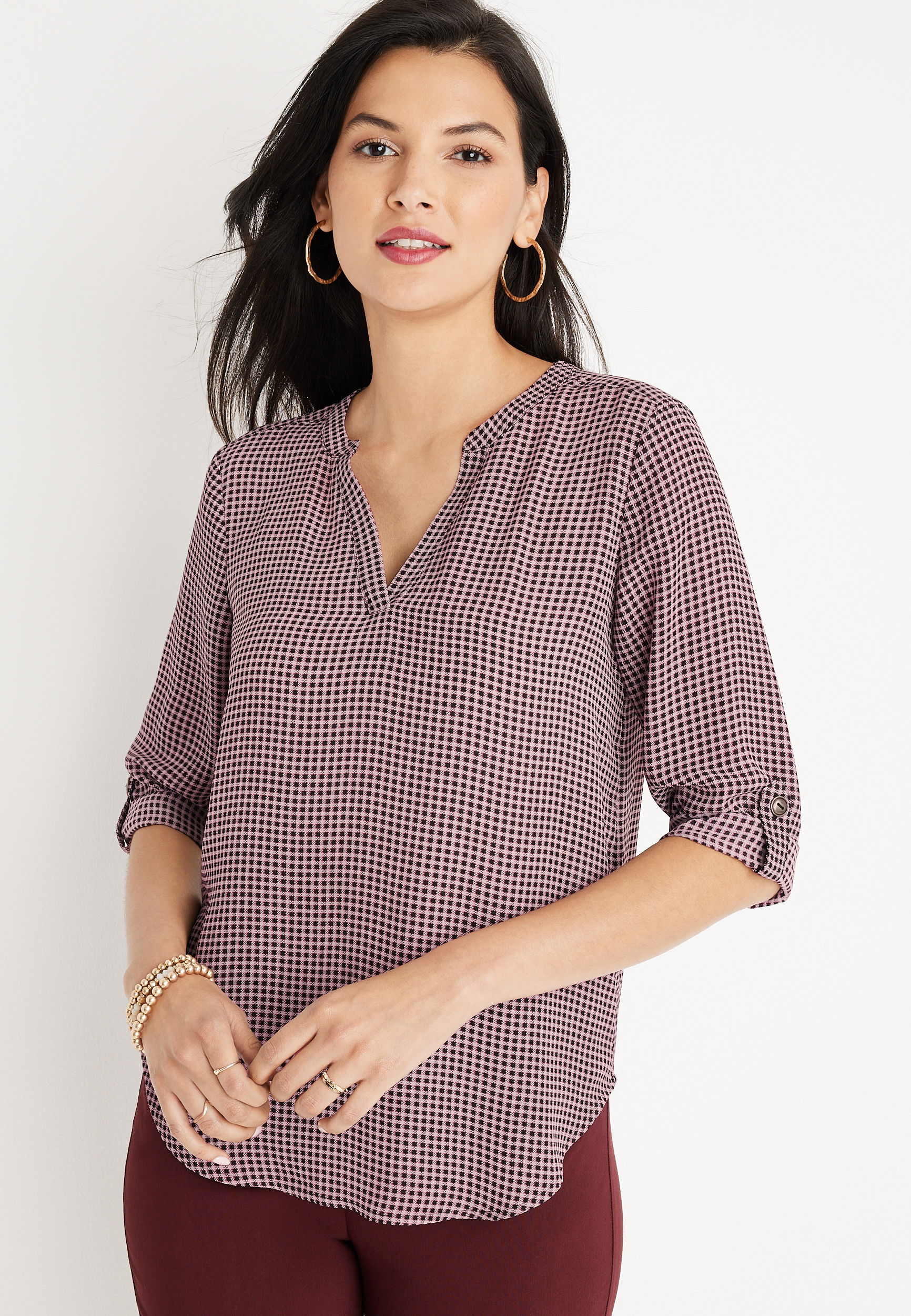 Atwood Checker Print 3/4 Sleeve Popover Blouse maurices