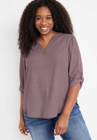 Plus Size Atwood Checker Print 3/4 Sleeve Popover Blouse