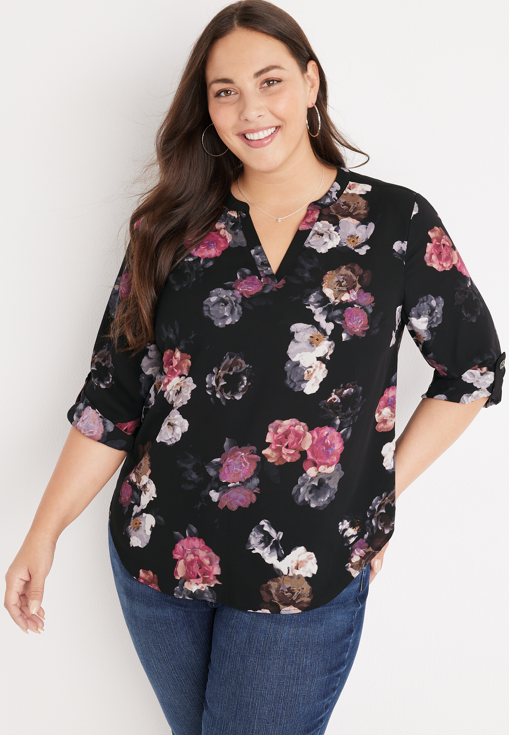 Plus Size Atwood Floral 3/4 Sleeve Popover Blouse | maurices