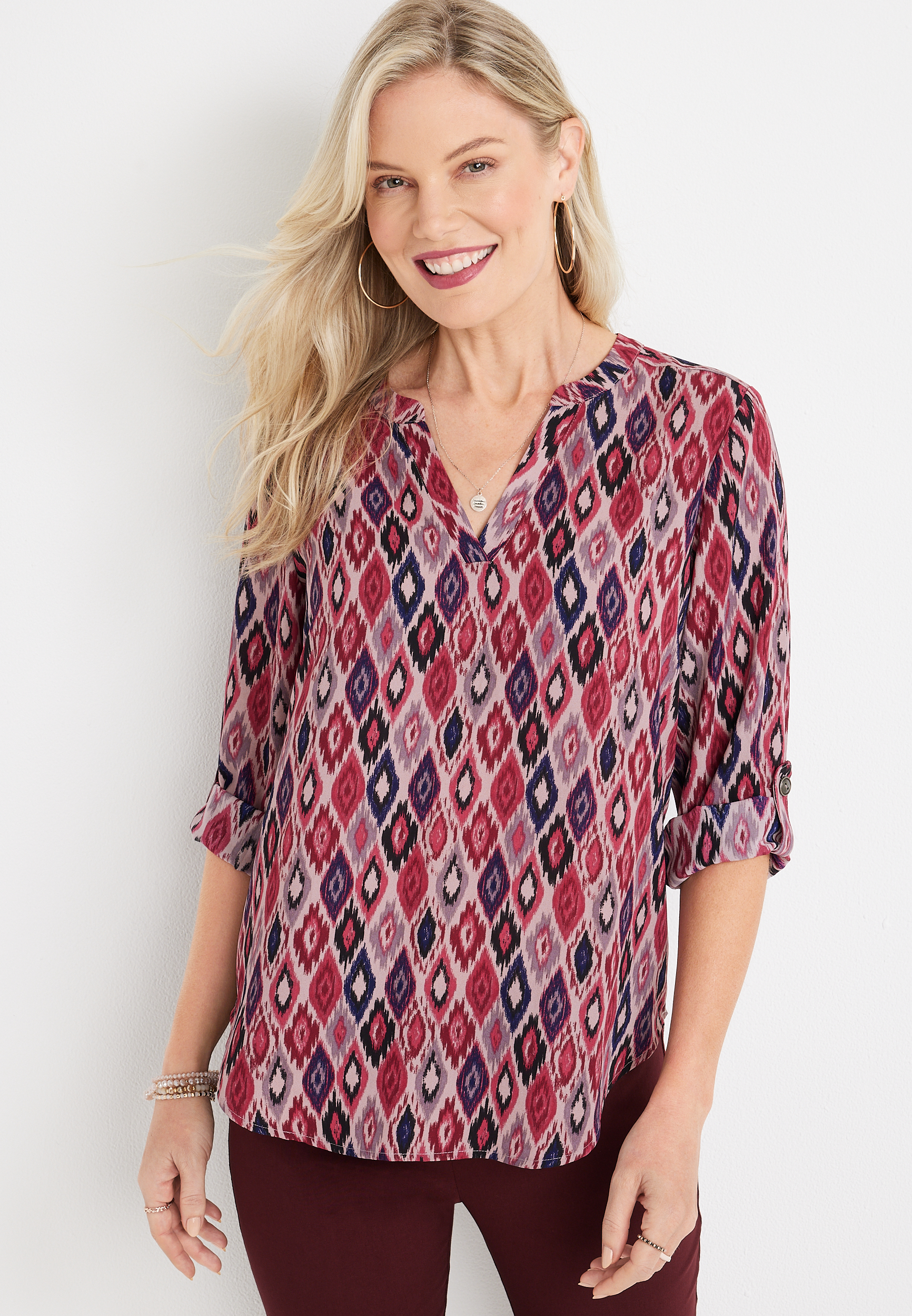 Atwood Geo Print 3/4 Sleeve Popover Blouse | maurices