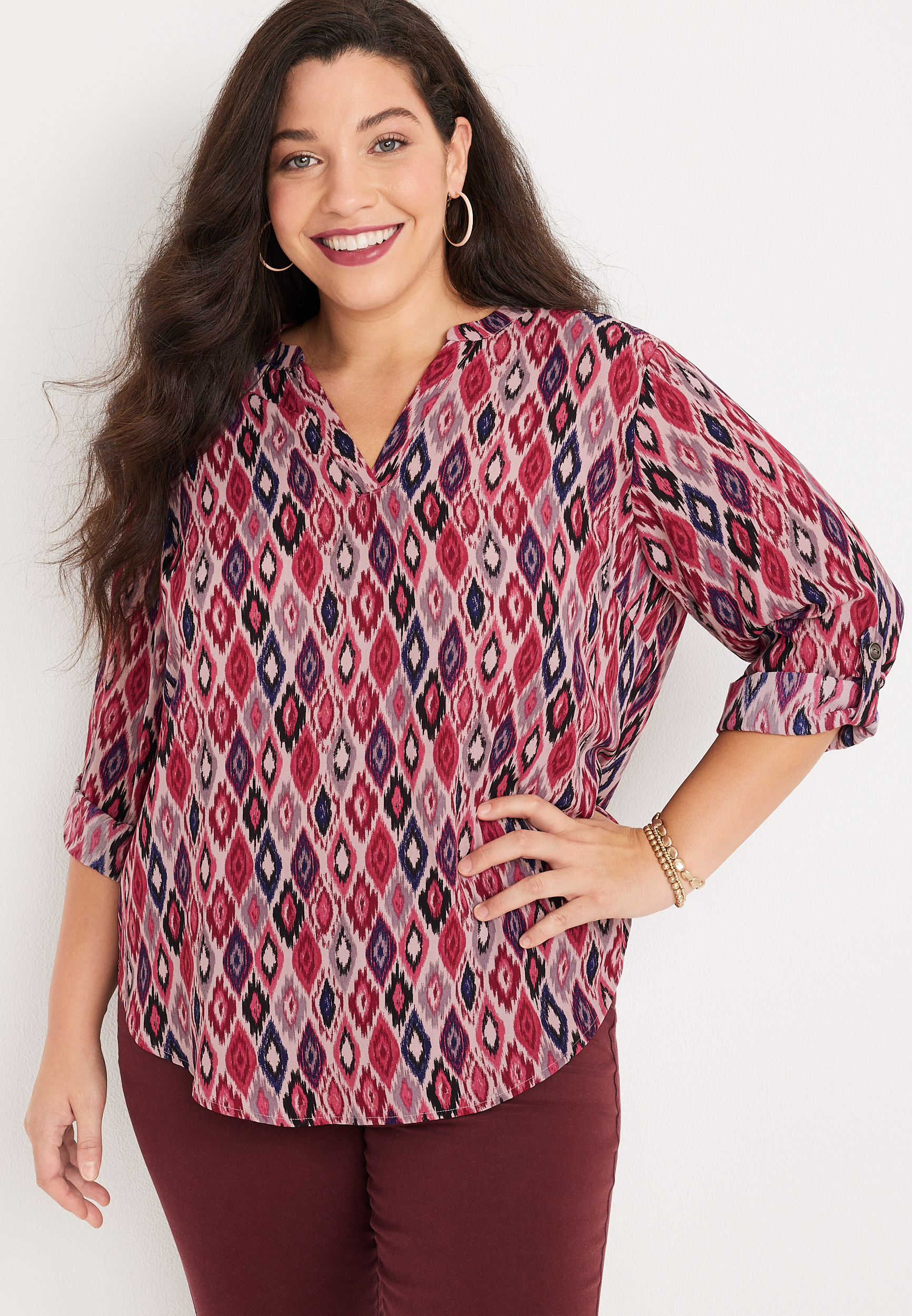 Plus Size Atwood Geo Print 3/4 Sleeve Popover Blouse maurices