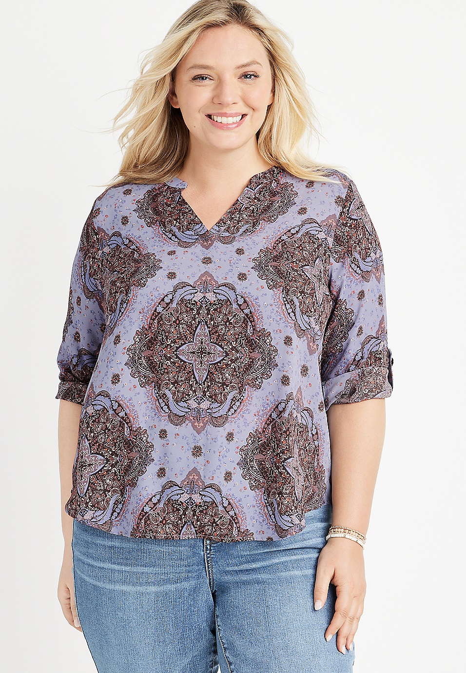 Plus Size Atwood Paisley 3/4 Sleeve Popover Blouse