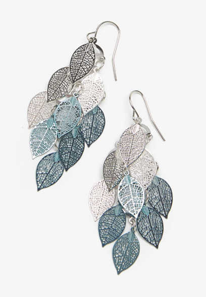 Silver Blue Leaf Chandelier Earrings