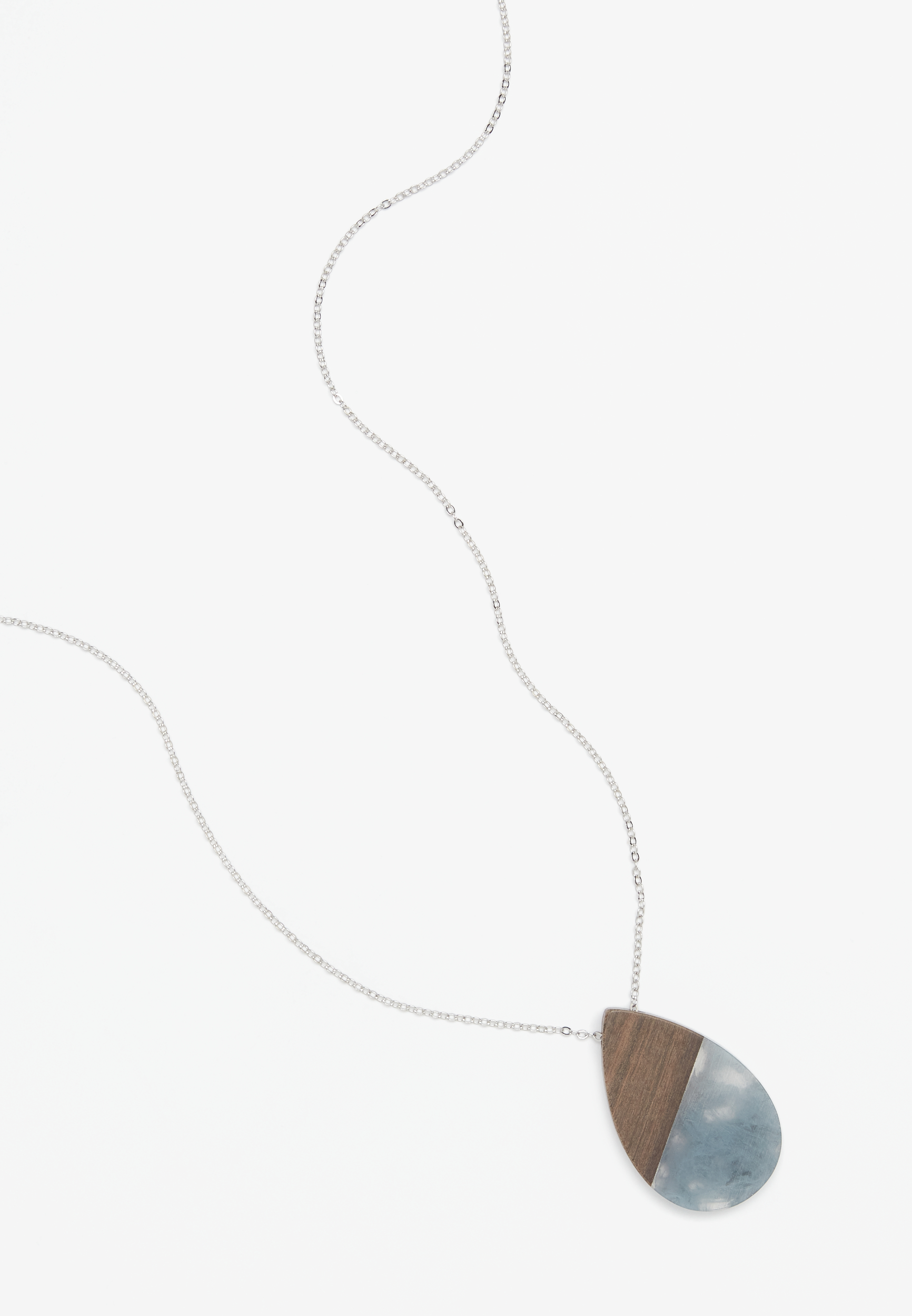 Wood and Blue Resin Pendant Necklace, , large