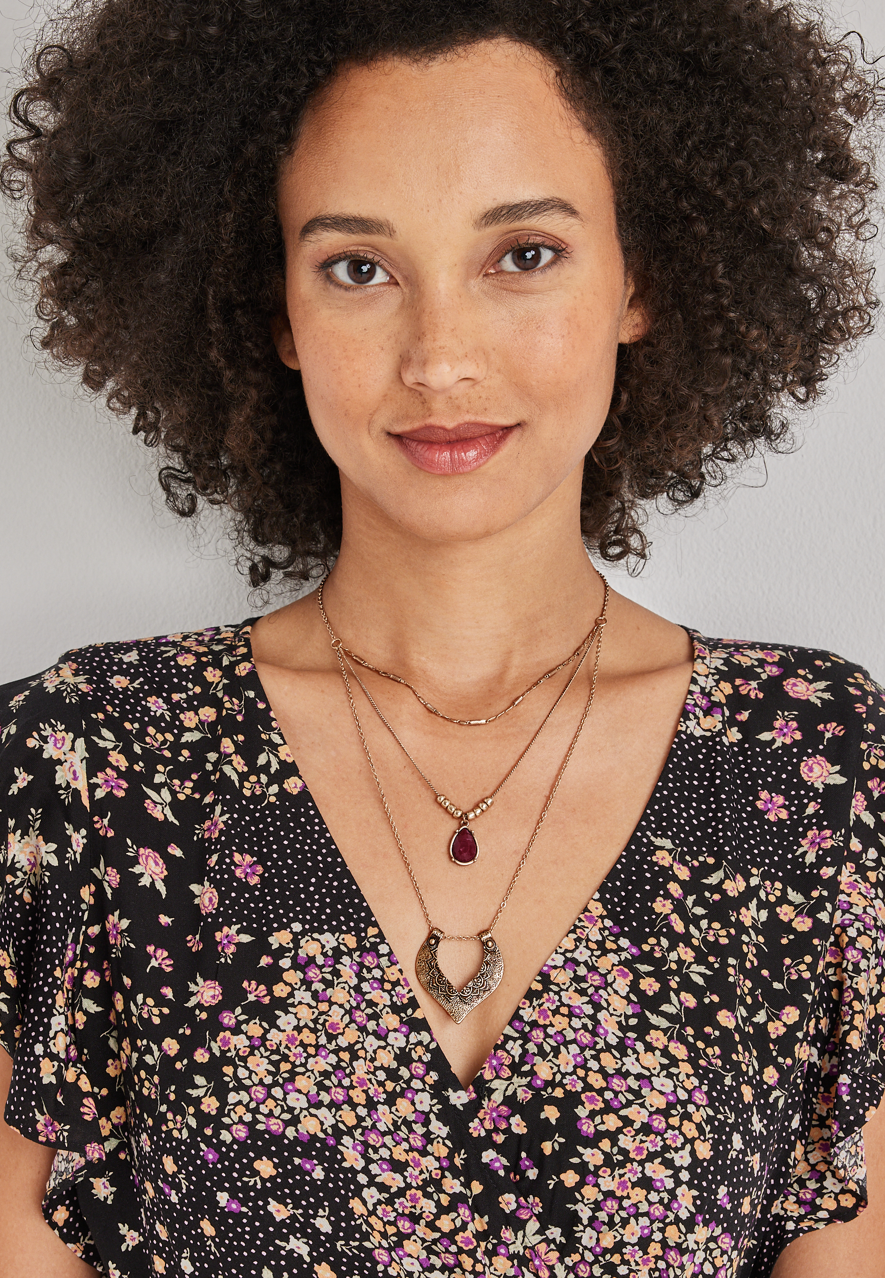 Burgundy Stone and Medallion Layered Necklace, , large