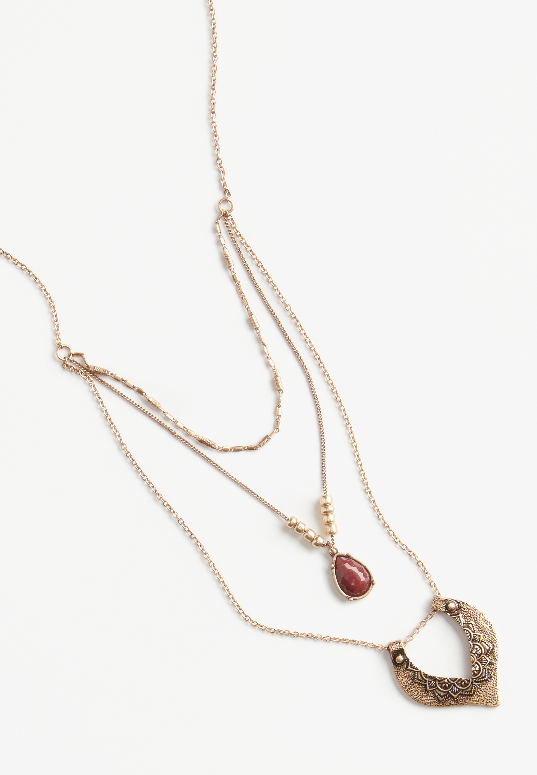 Burgundy Stone and Medallion Layered Necklace, , large