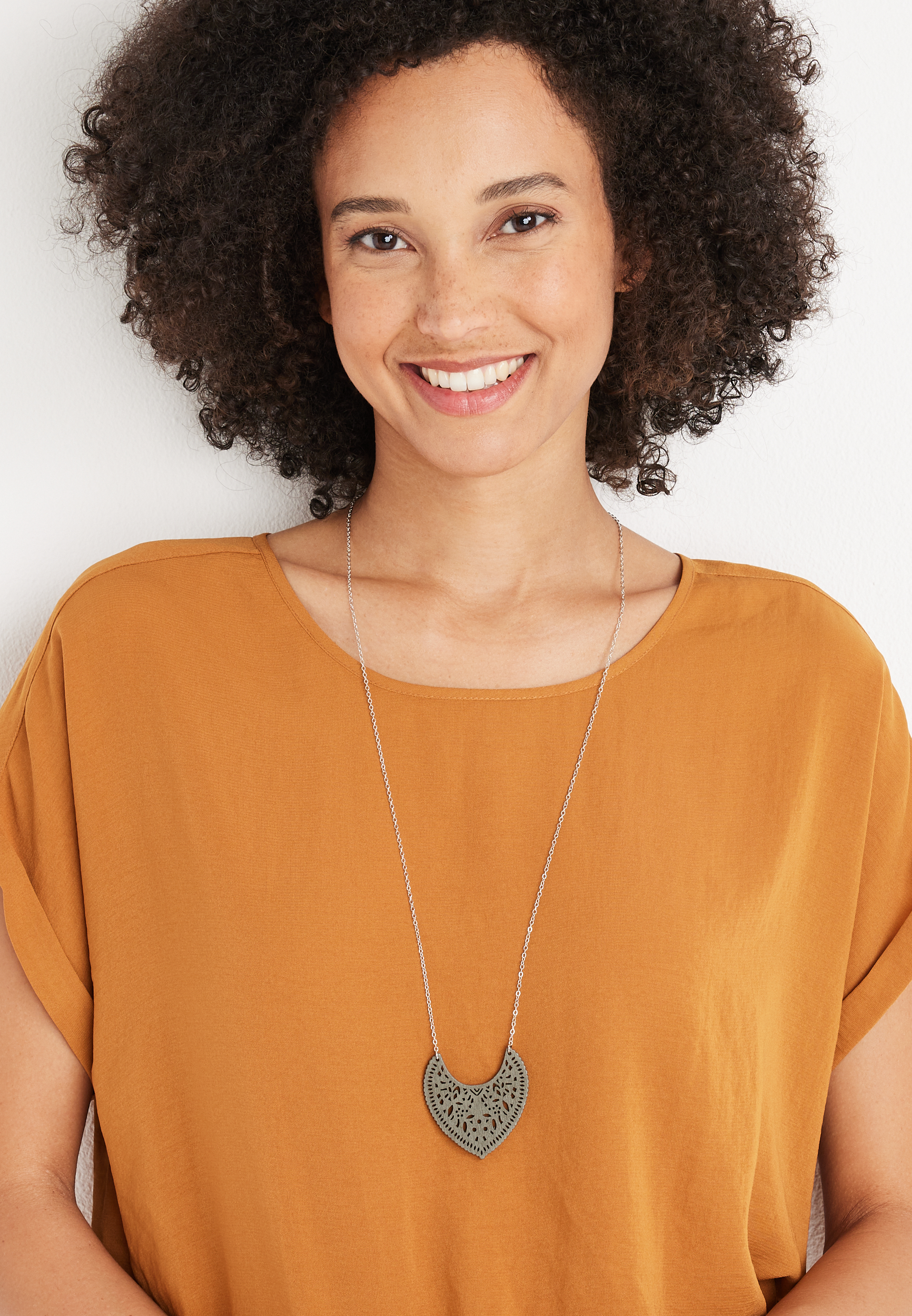 Olive Wooden Pendant Necklace, , large