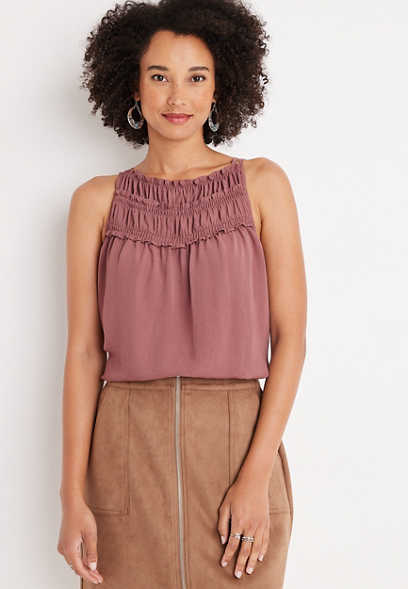 Solid Ruffle High Neck Tank