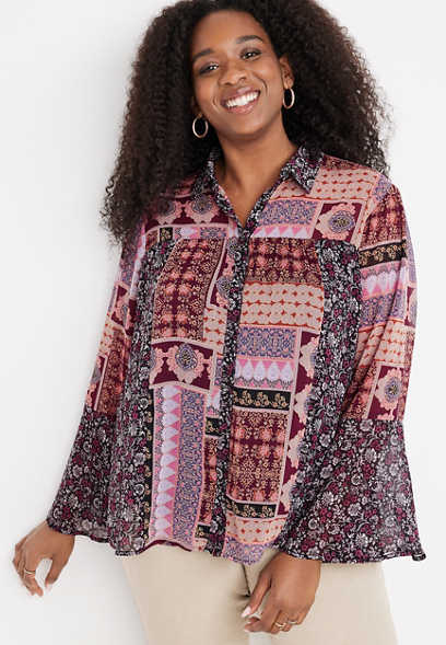 Plus Size Patchwork Bell Sleeve Blouse