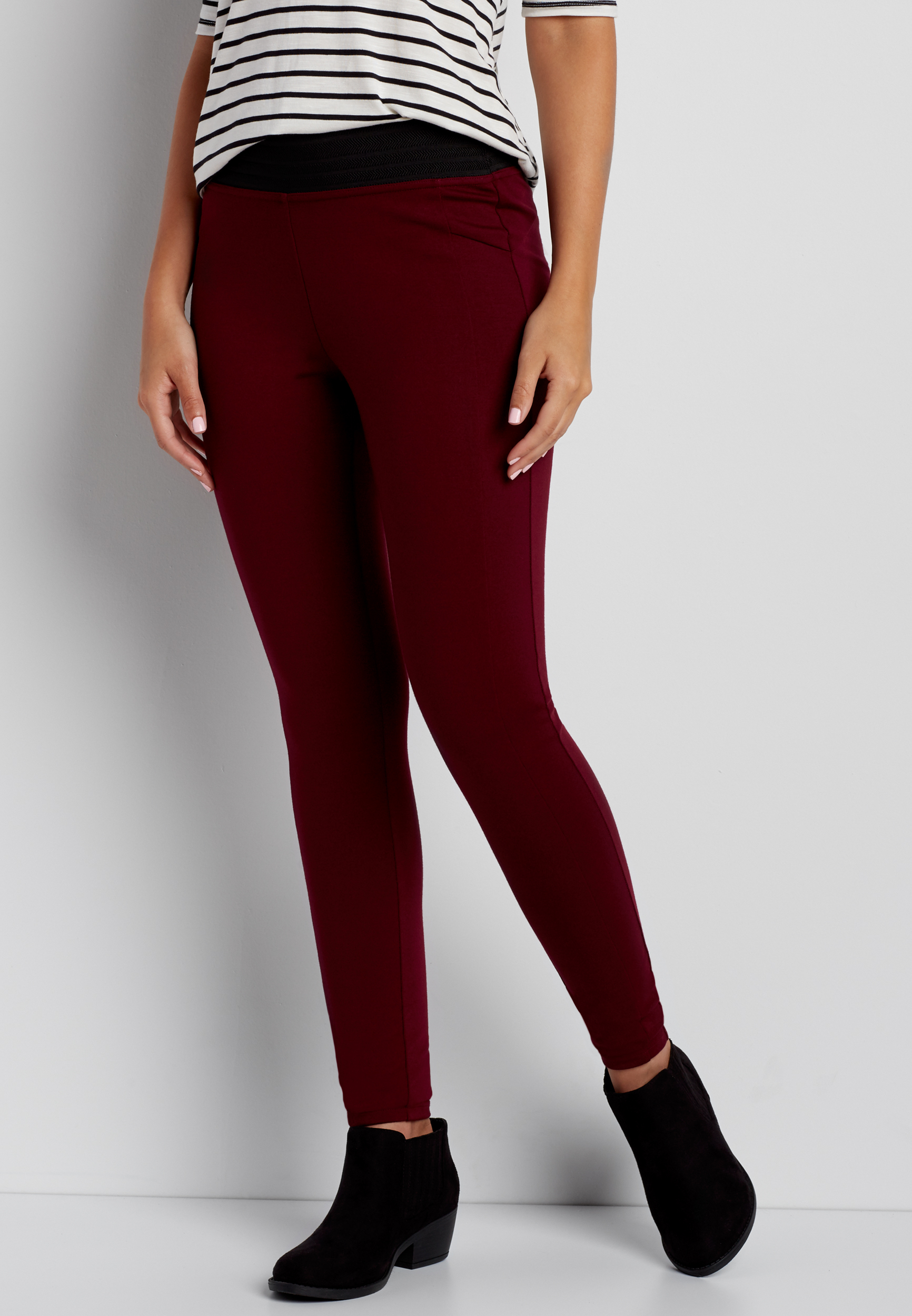 the skinny ponte pant with high elastic waistband in merlot | maurices