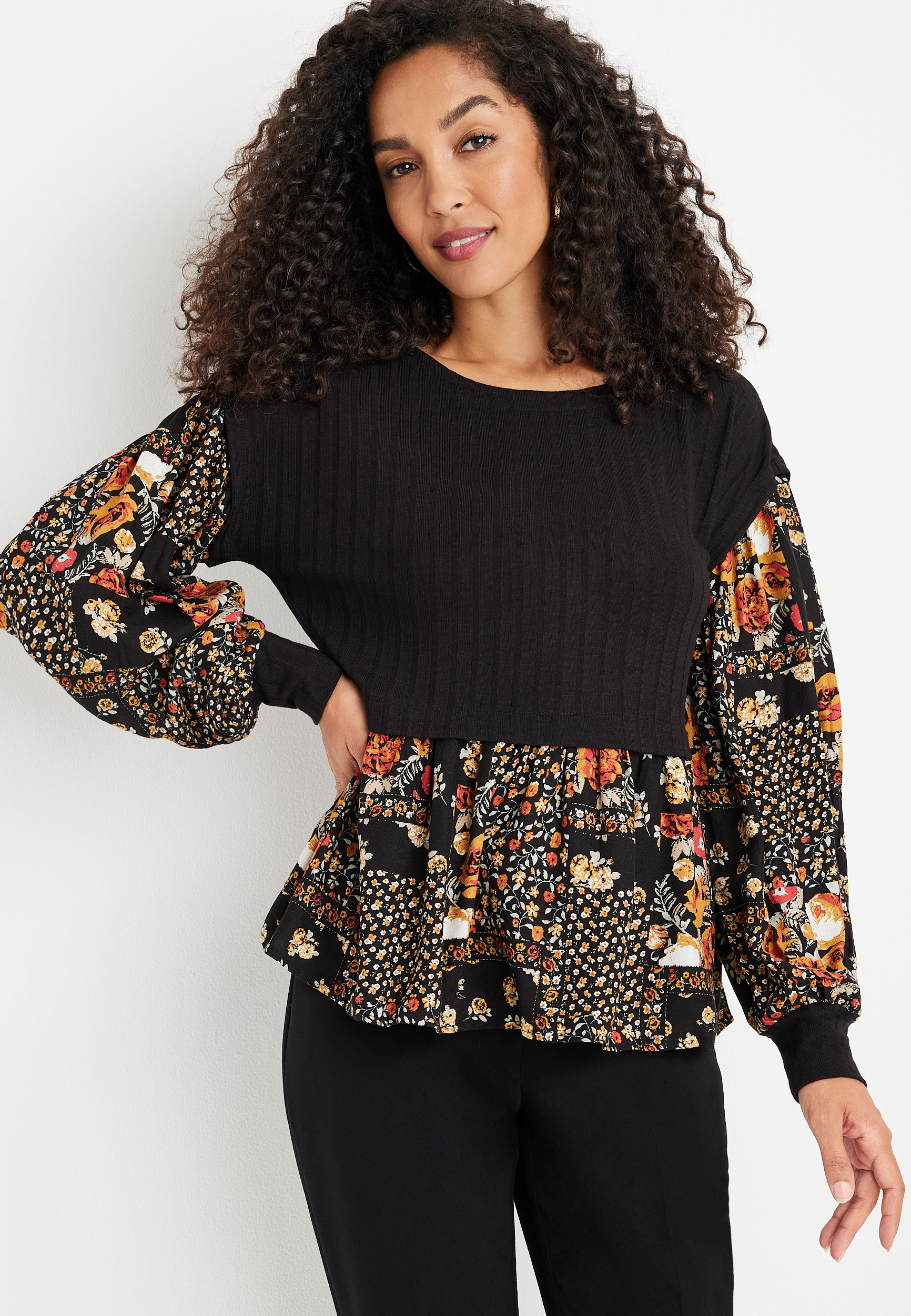 Floral Patchwork Layered Scoop Neck Blouse maurices