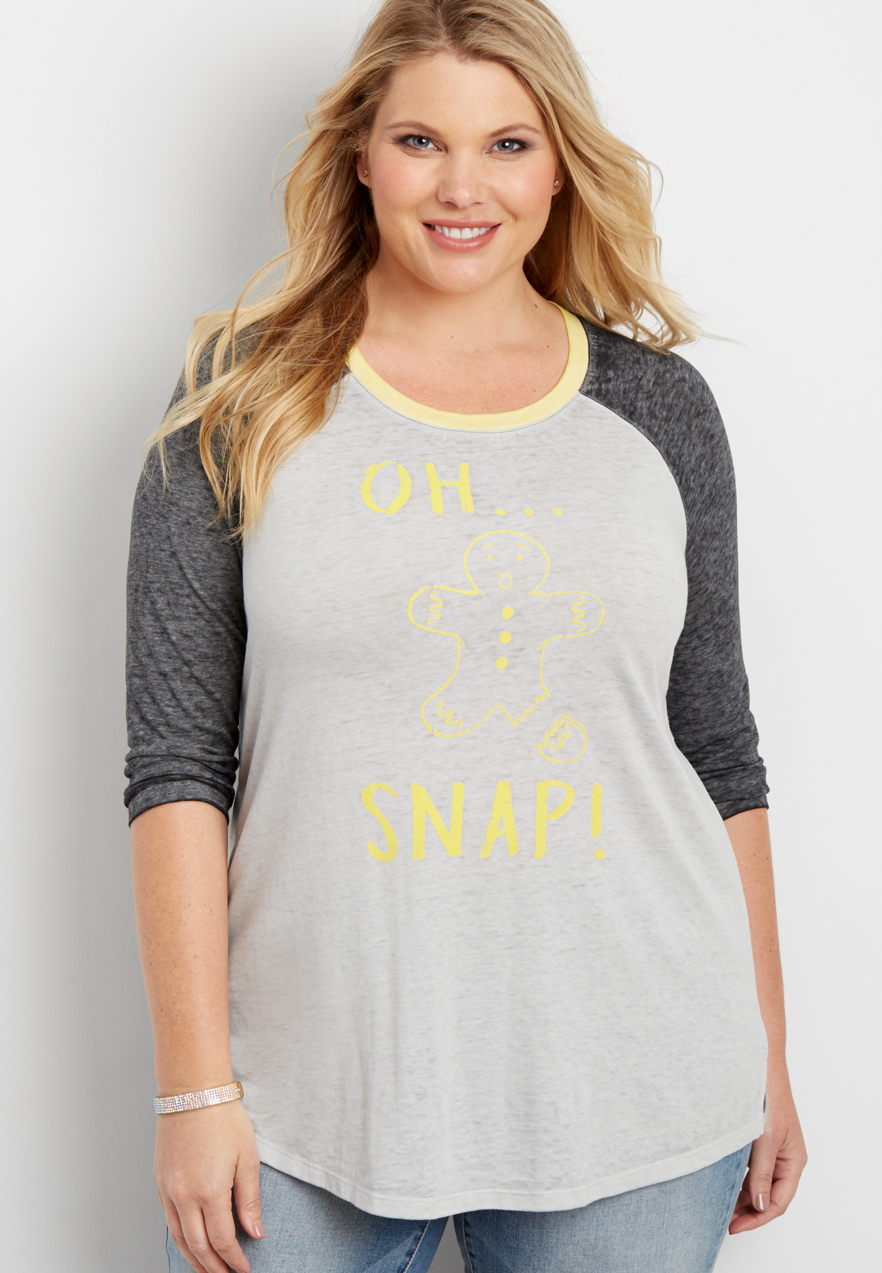 plus size burnwash baseball tee with gingerbread graphic maurices