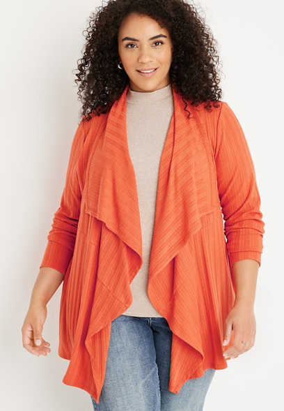 Plus Size Solid Waterfall Pointelle Cardigan