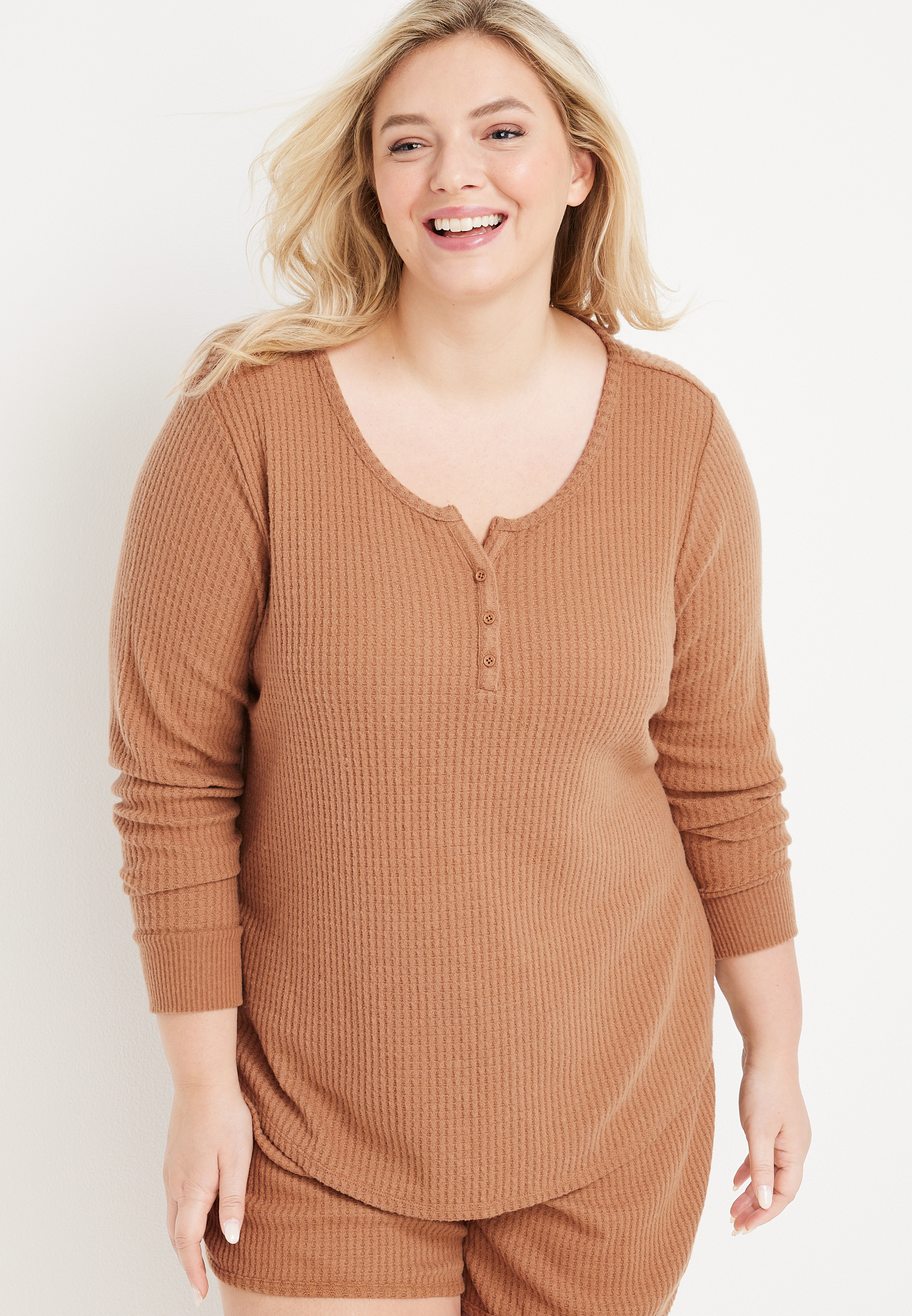 Henley Waffle Pajama Top, CORK, large