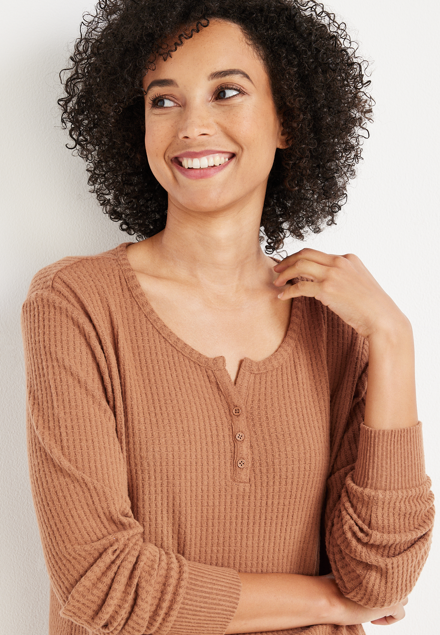 Henley Waffle Pajama Top, CORK, large