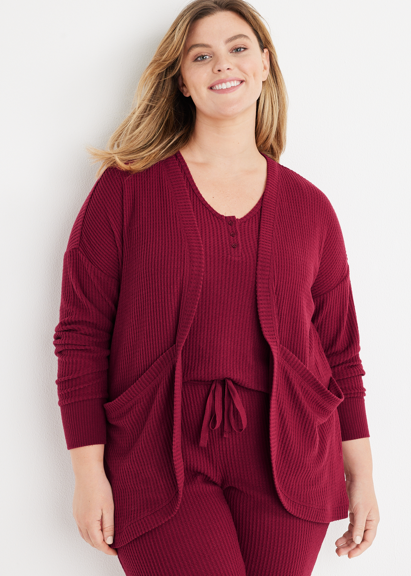 Waffle Knit Pajama Cardigan, C103, large