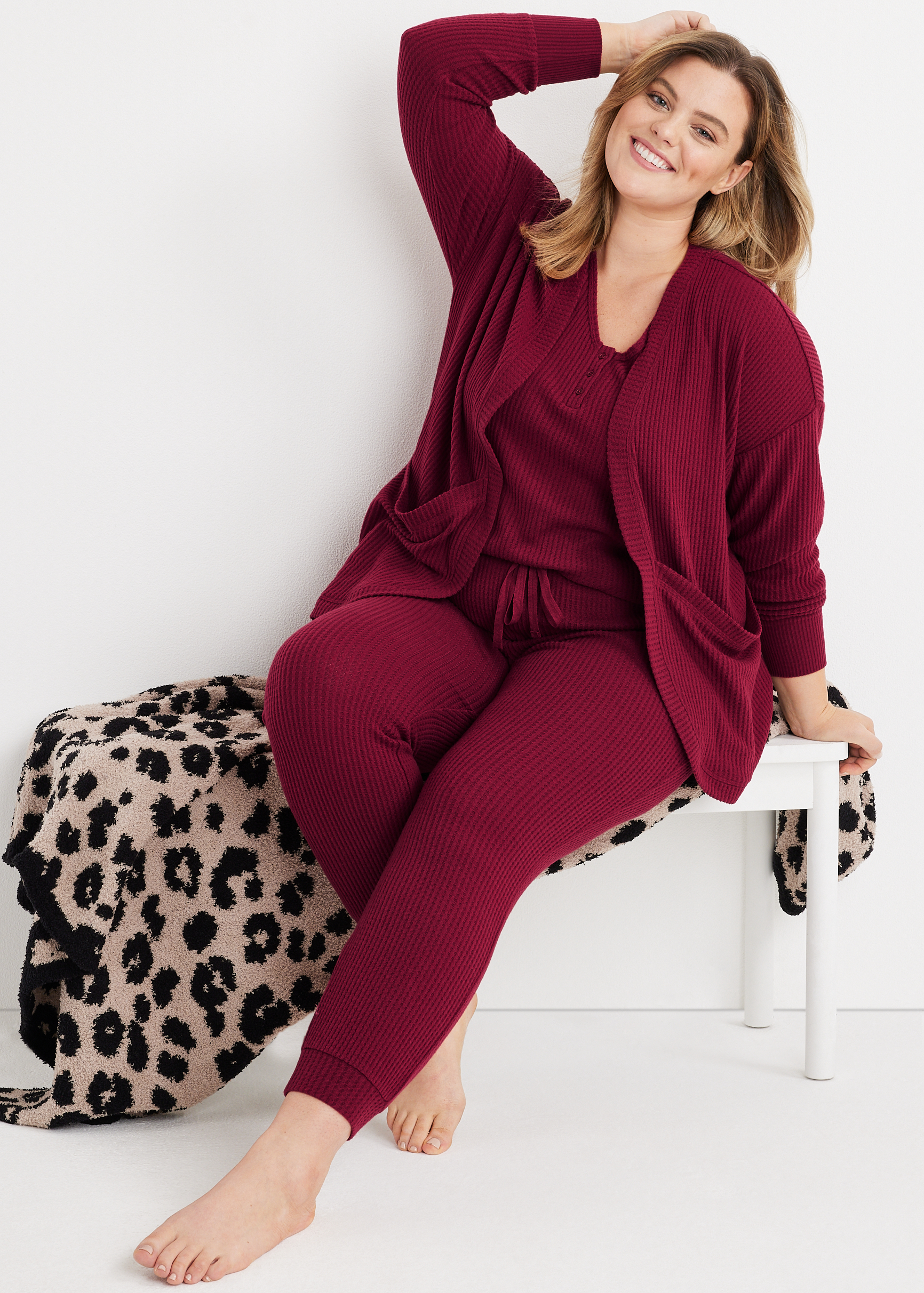 Waffle Knit Pajama Cardigan, C103, large