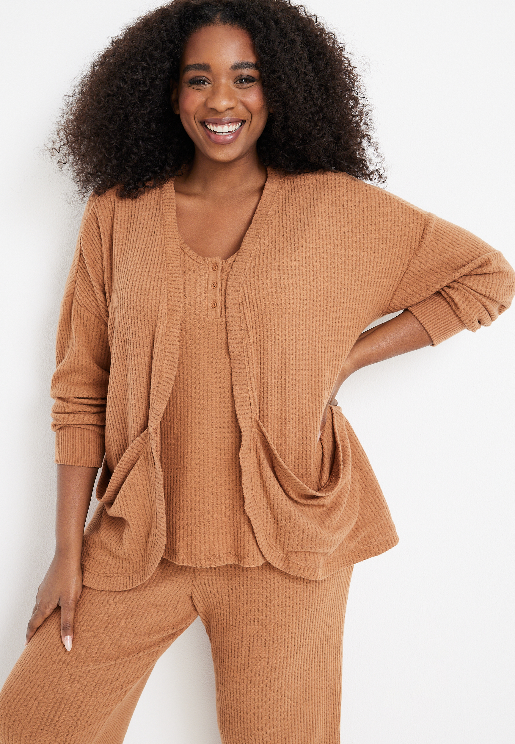 Waffle Knit Pajama Cardigan, C520, large