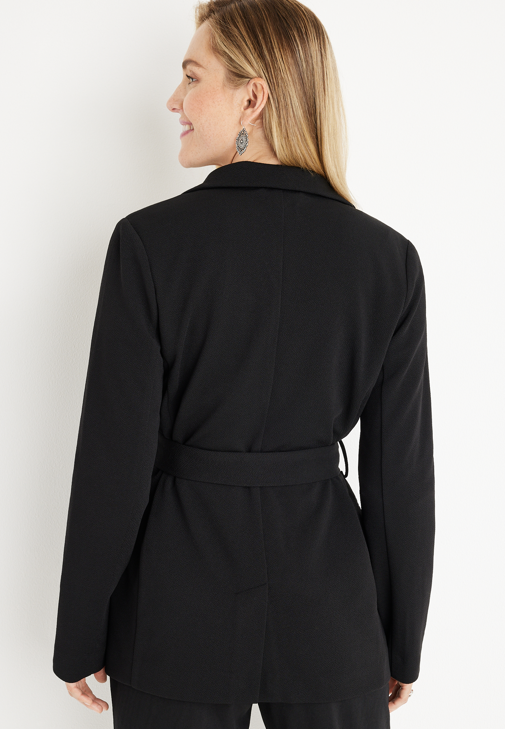 Solid Waist Tie Blazer, , large
