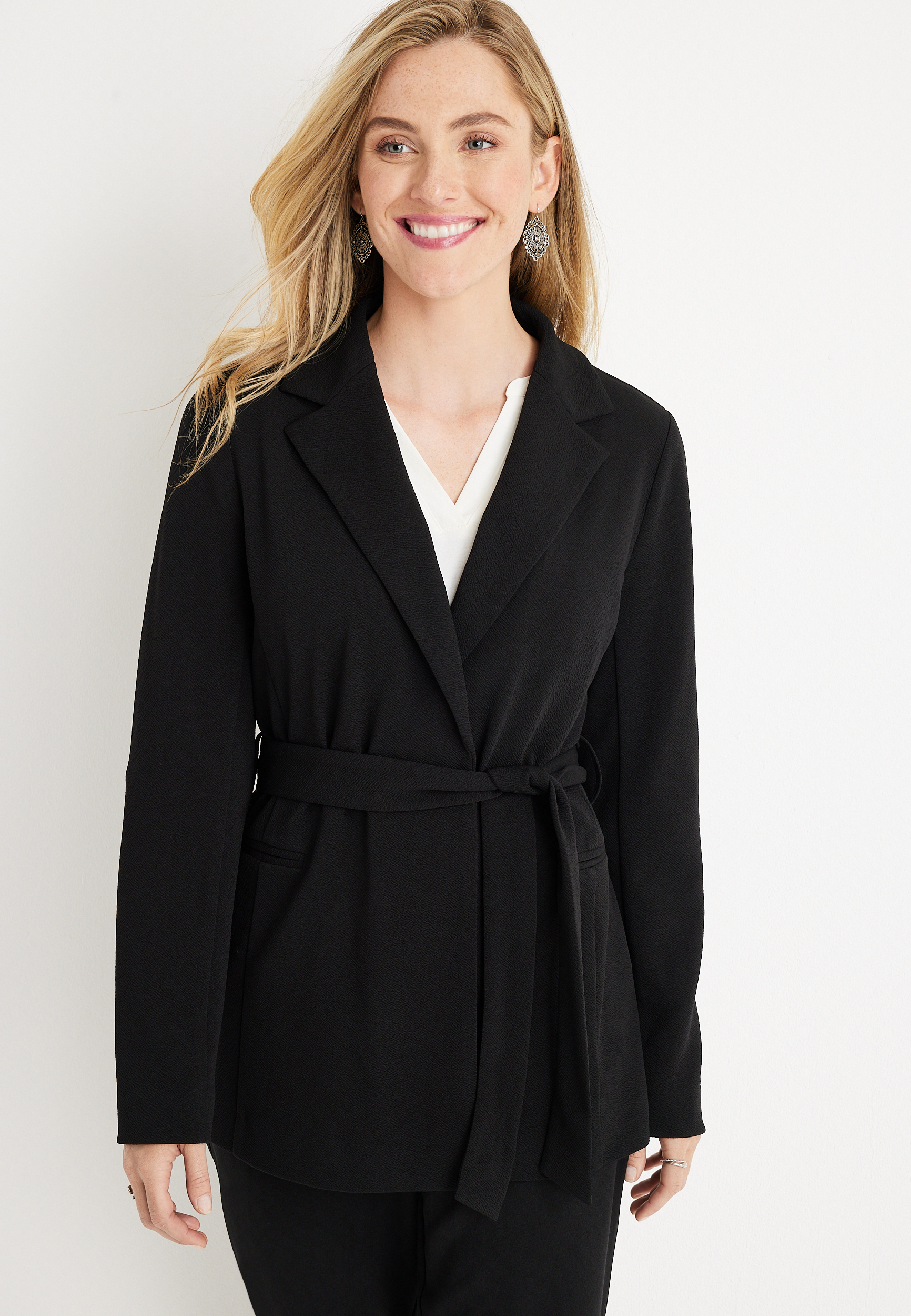 Solid Waist Tie Blazer, , large