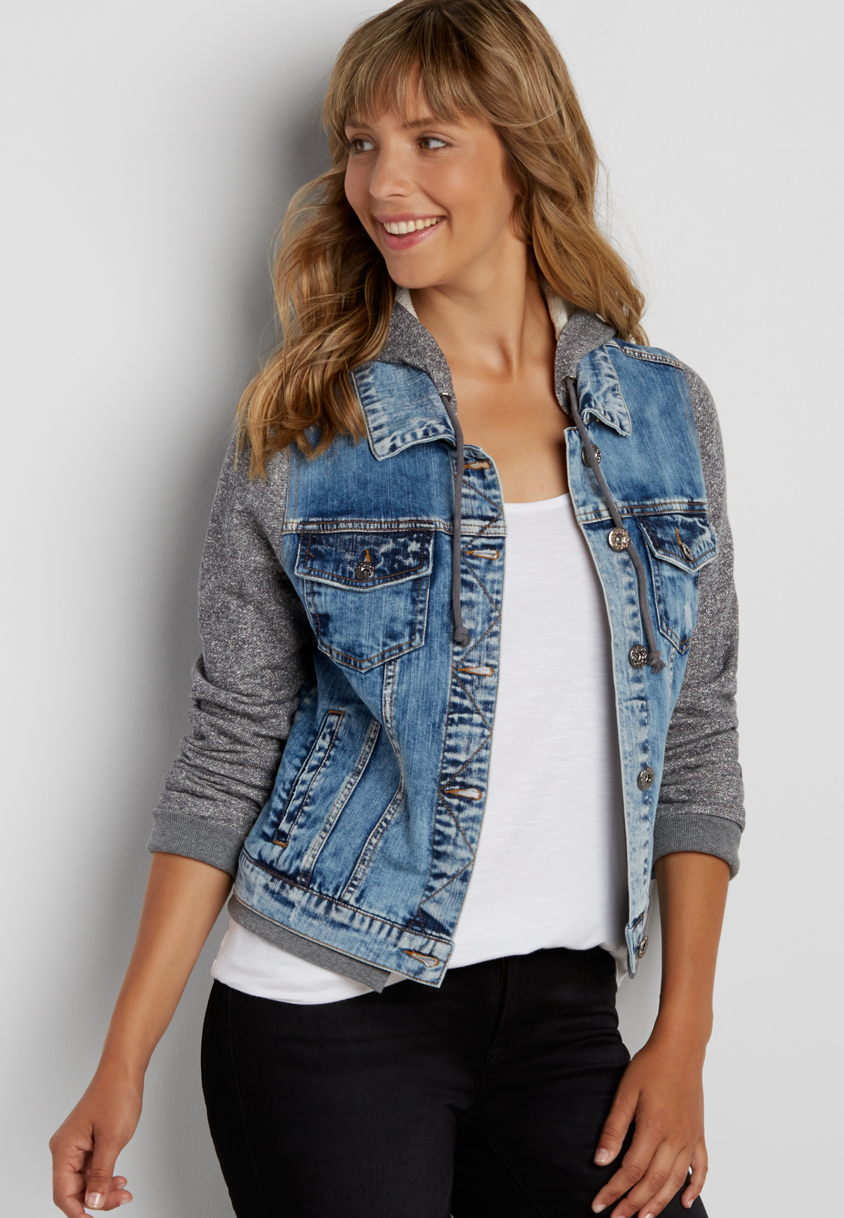 french terry denim jacket with hood | maurices