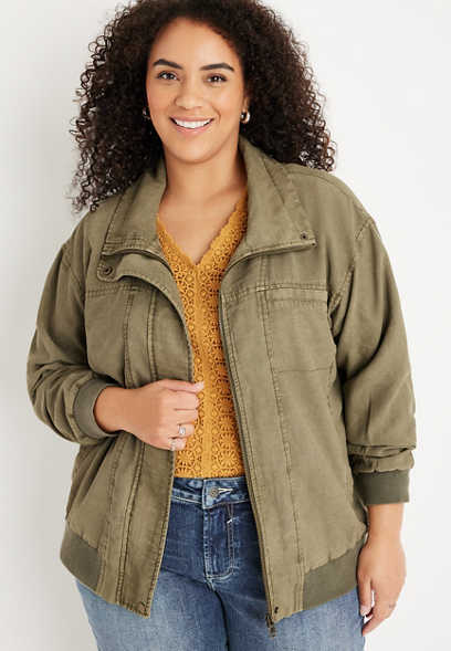 Plus Size Solid Twill Bomber Jacket