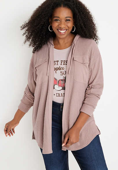 Plus Size Solid Hooded Waffle Cardigan