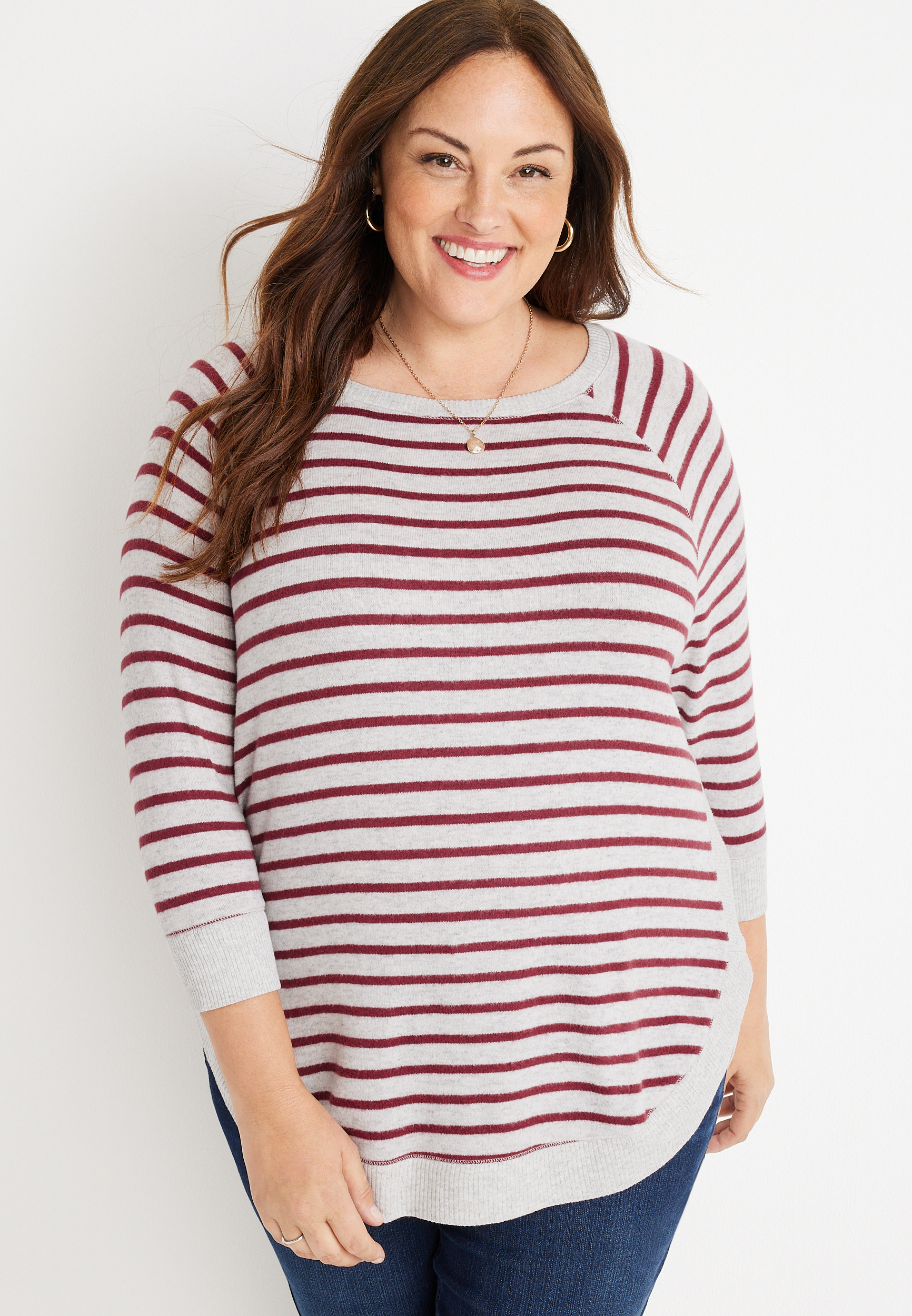 Plus Size Haven Striped Boat Neck Fleece Sweatshirt | maurices