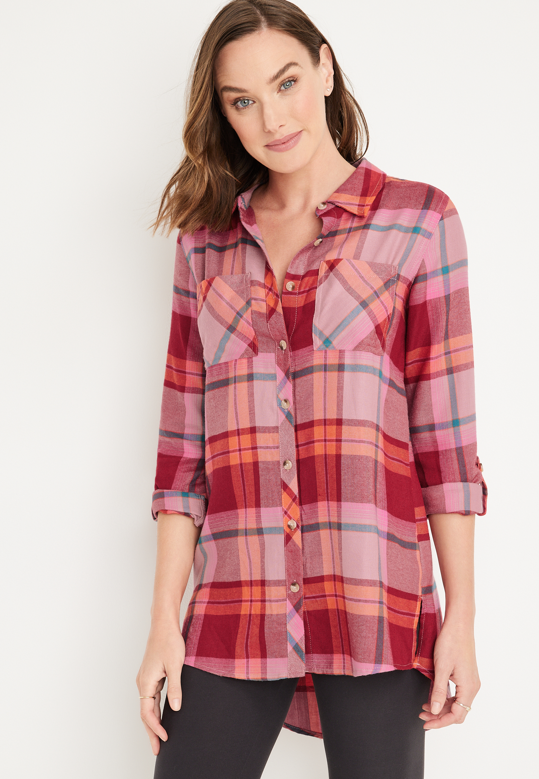Cabin Plaid High Low Tunic Button Down Shirt | maurices