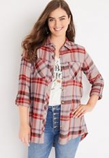 Cabin Plaid High Low Tunic Button Down Shirt, C7726, small