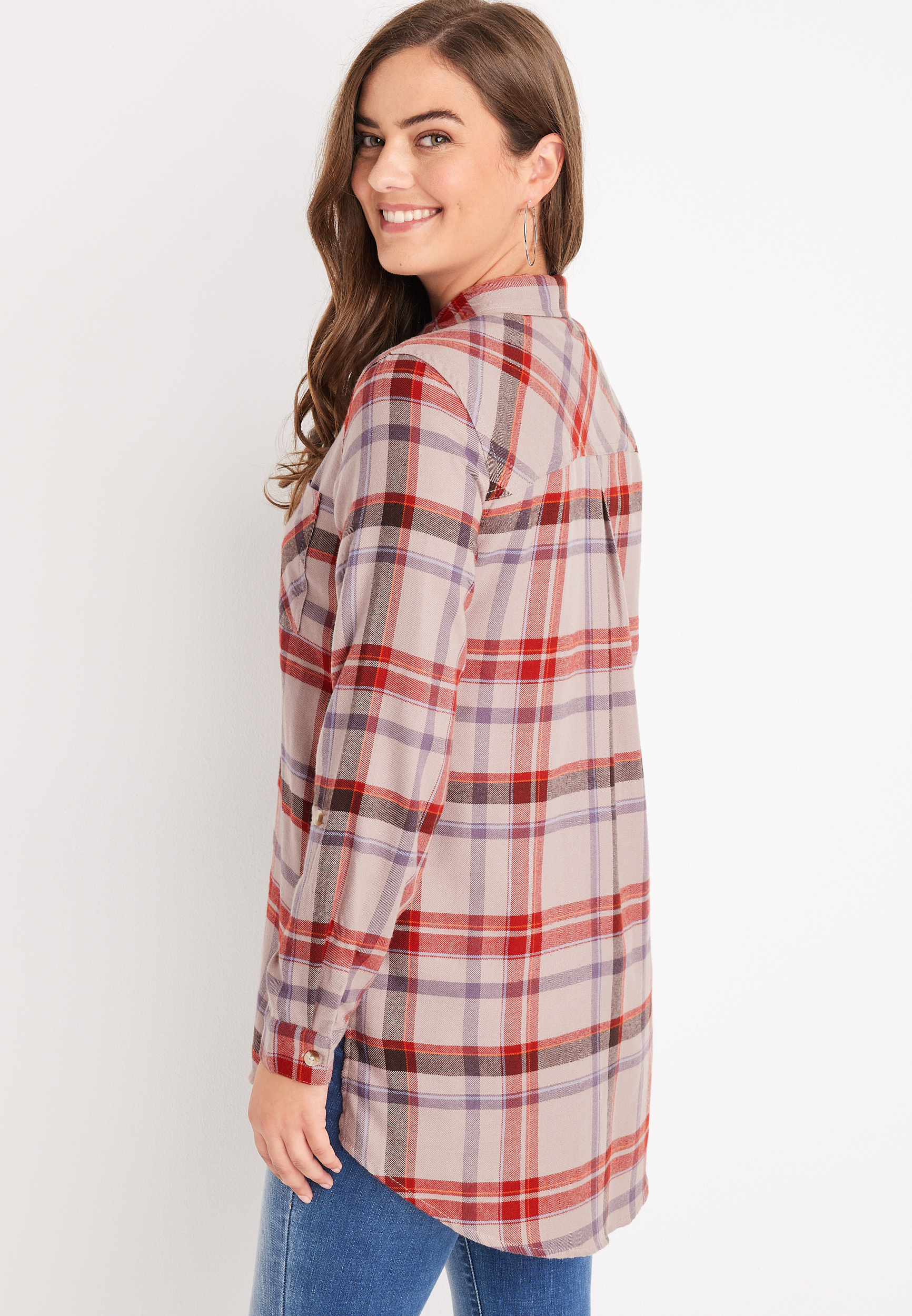 Cabin Plaid High Low Tunic Button Down Shirt, C7726, large