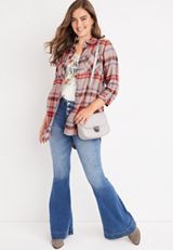 Cabin Plaid High Low Tunic Button Down Shirt, C7726, small