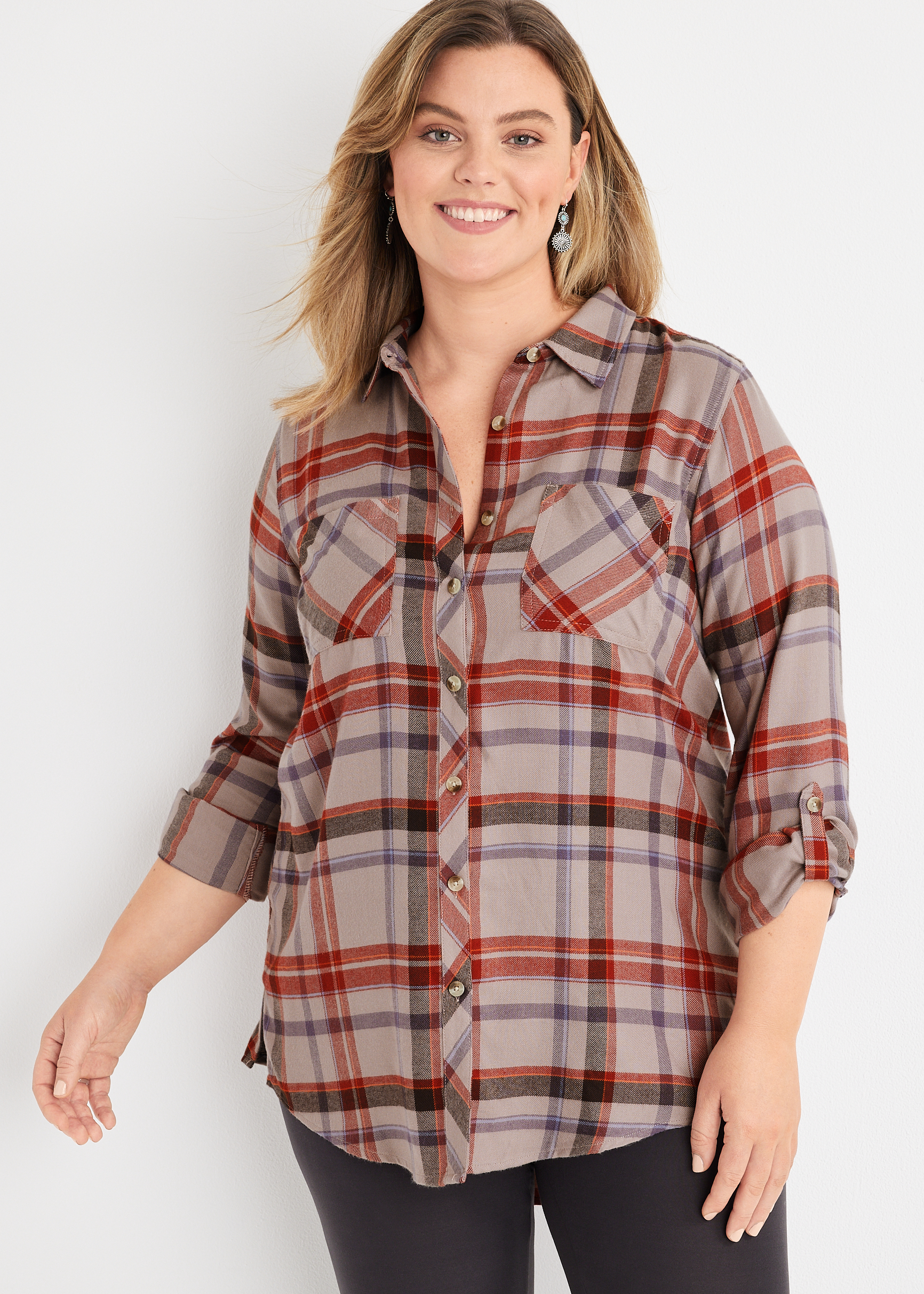 Plus Size Plaid High Low Tunic Button Down Shirt | maurices